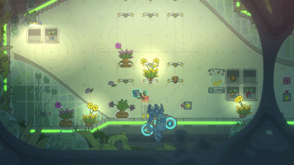 Une capture d'écran du jeu, on y voit des plantes dans un vaisseau spatial
