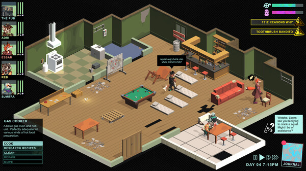 Une capture d'écran du jeu, un bâtiment squatté en vue de dessus isométrique avec une table de billard au centre