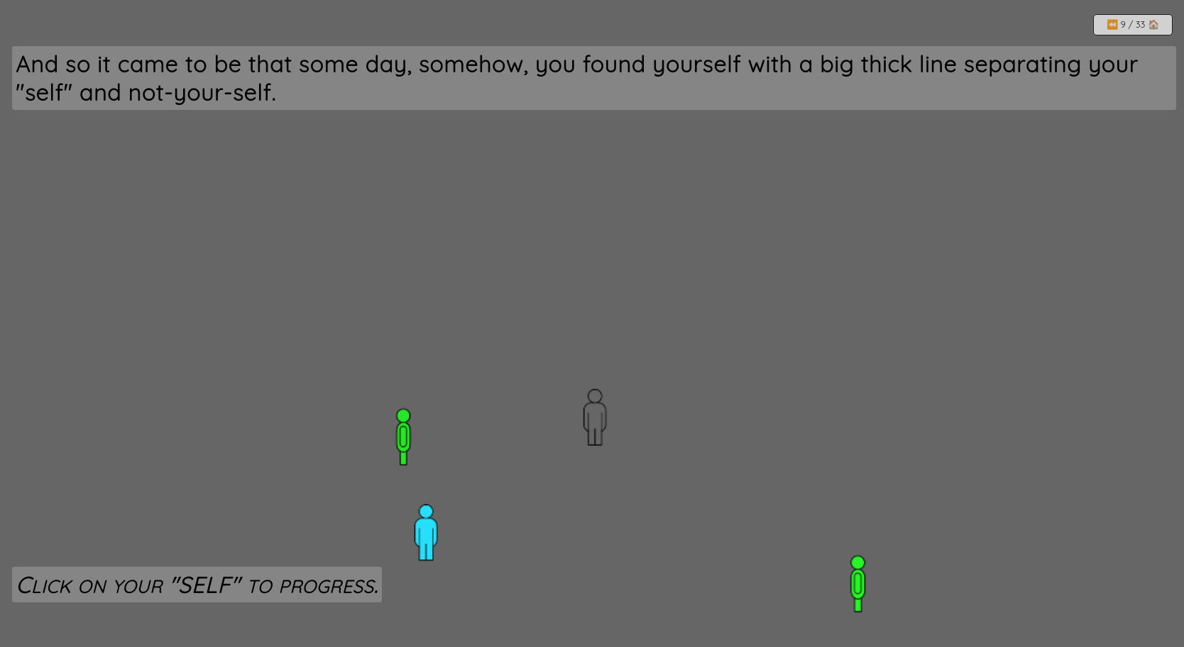 Une capture d'écran du jeu, sur fond gris des bonhommes de différentes couleurs