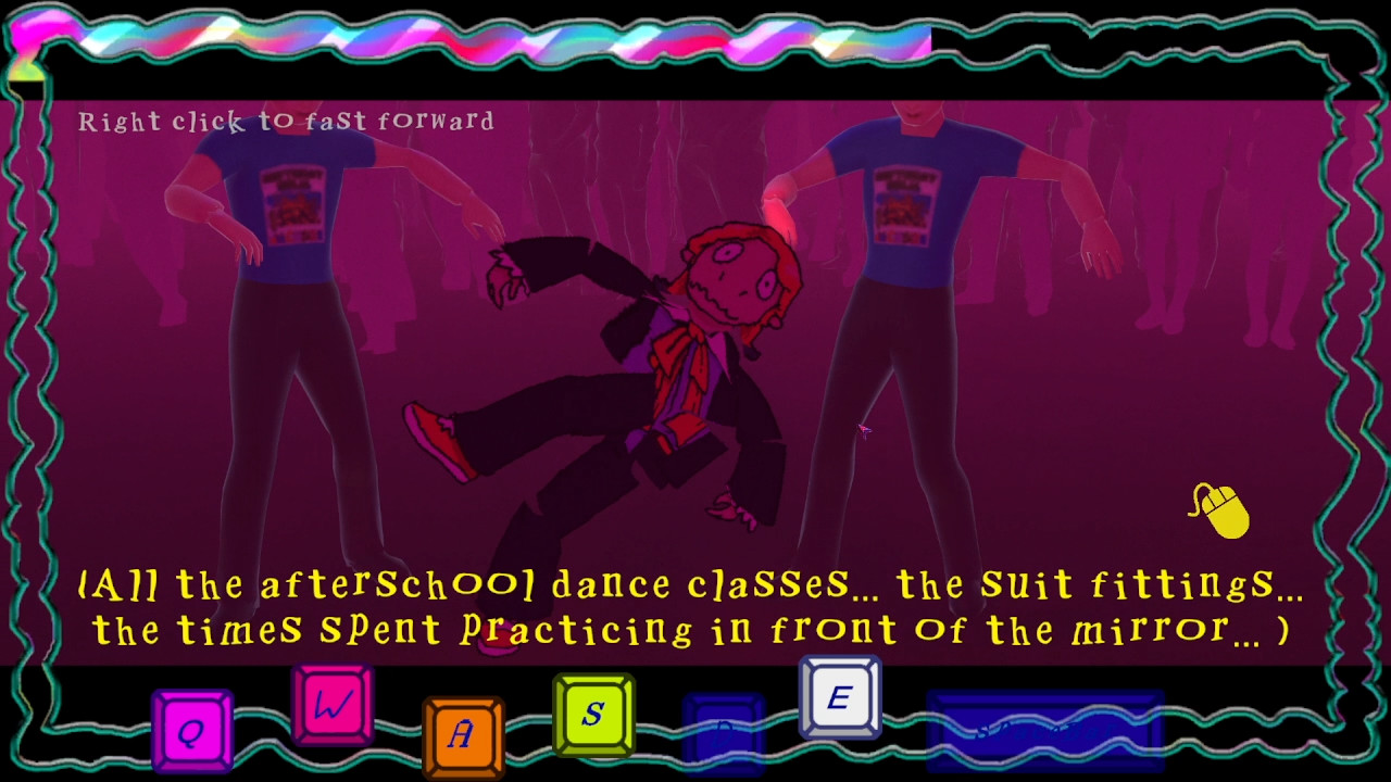 Une capture d'écran du jeu, on y voit un personnage dans une fête, avec des touches à actionner pour lea faire danser